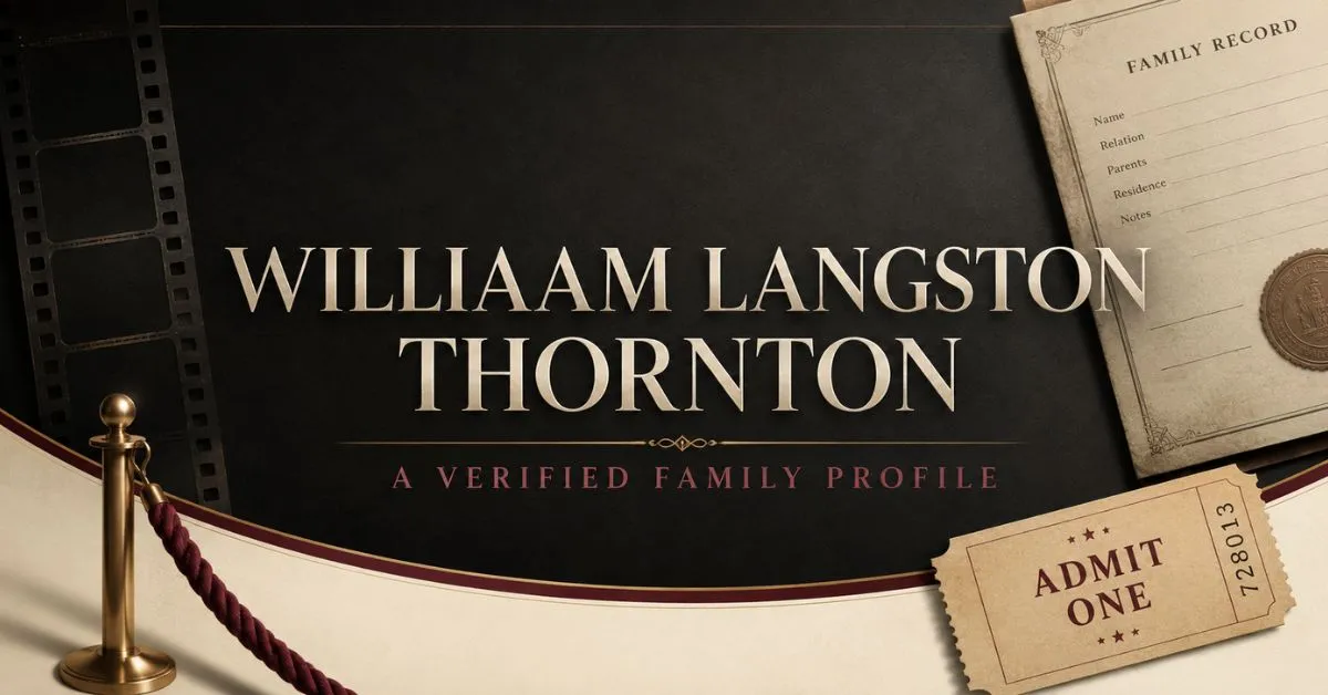 Editorial graphic for William Langston Thornton’s verified family profile with film and family-record motifs