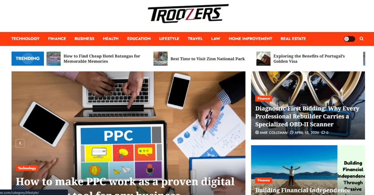 Troozer.com homepage showing articles and content categories