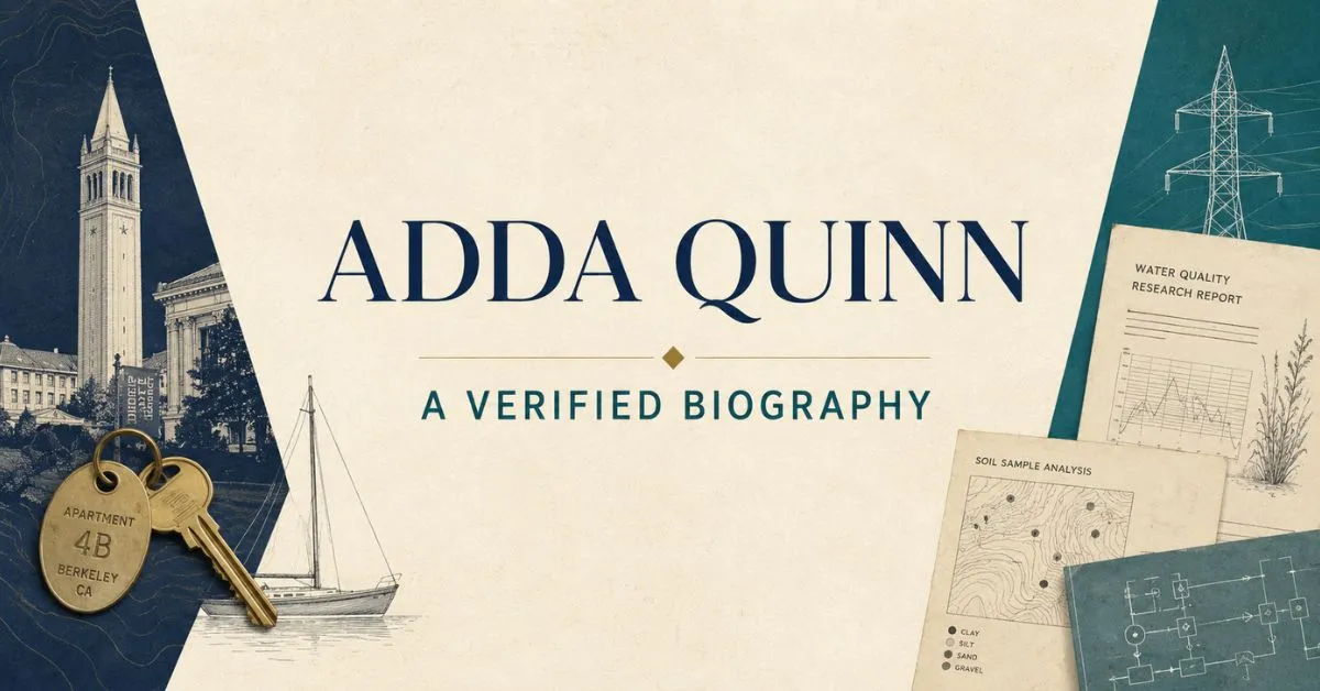 Editorial graphic for Adda Quinn’s verified biography, featuring Berkeley and environmental research motifs