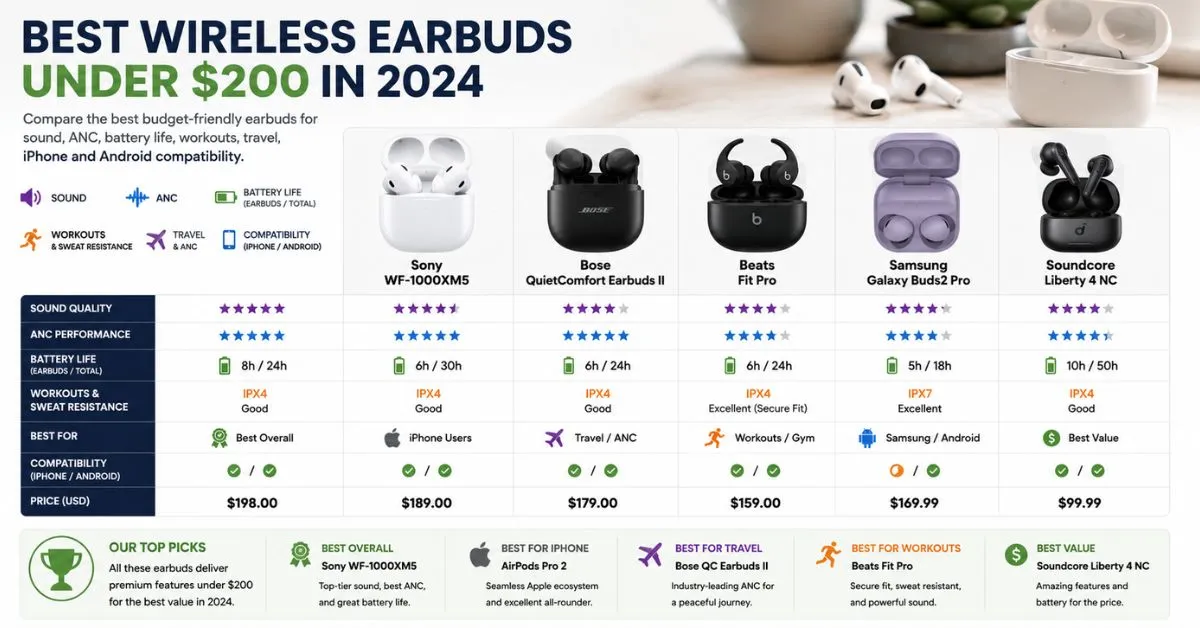 Best wireless earbuds under $200 in 2024, including Nothing Ear, AirPods 4, OnePlus Buds 3 and Soundcore Liberty 4 NC.