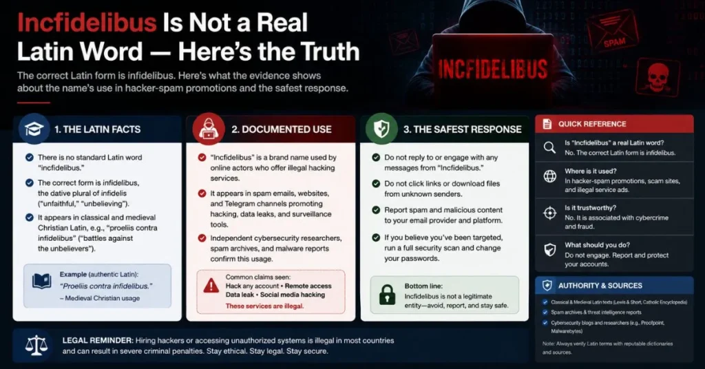 Incfidelibus warning graphic explaining the Latin typo and hacker-spam connection