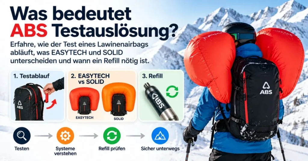 ABS Testauslösung eines Lawinenairbag-Rucksacks mit geöffnetem Airbag und korrekt eingesetzter Kartusche.